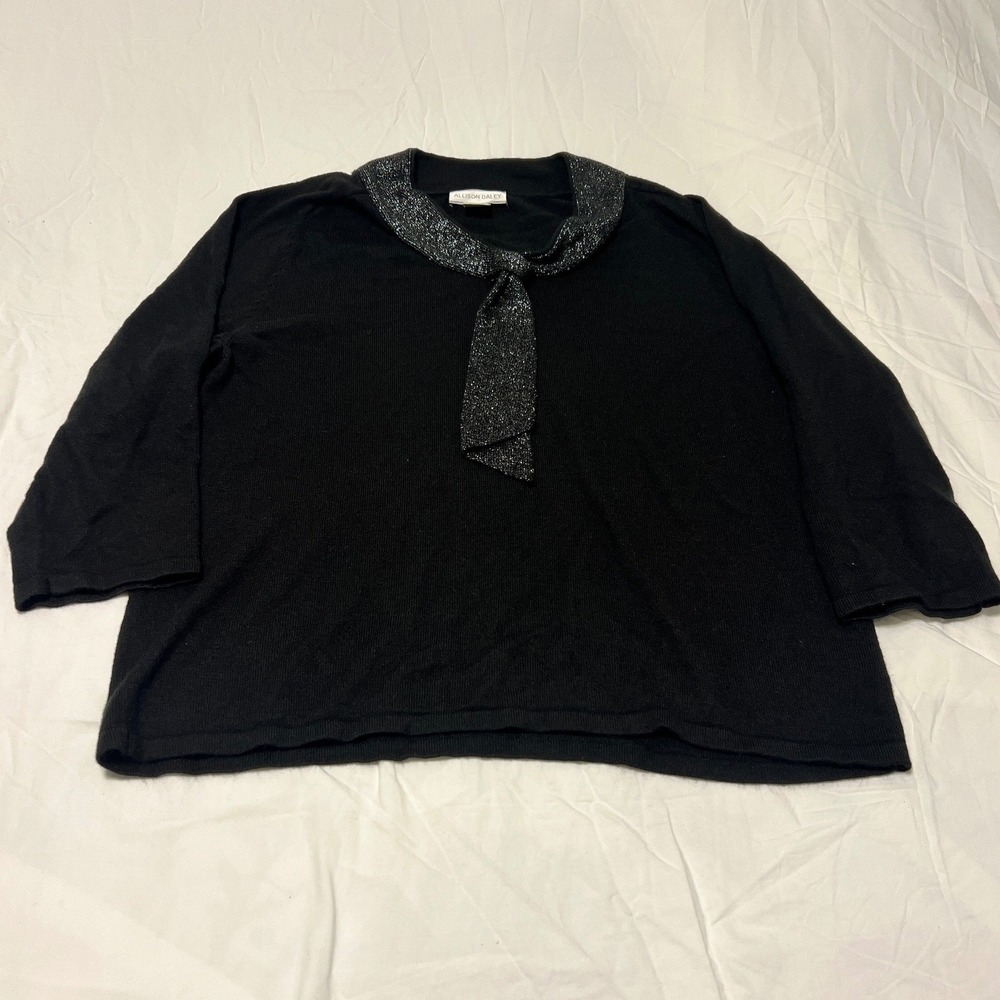 Allison Daley Womens Black Knit Sweater Silver Glitter Tie Collar 3/4 Sleeve L